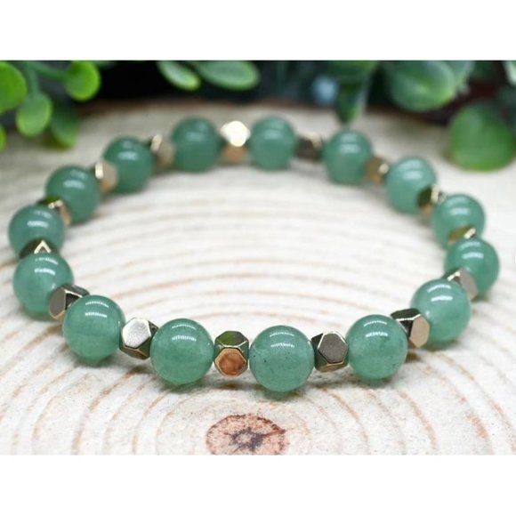 10mm Polished Green Jade with Gold Hematite Spacer Beaded Stretch Bracelet - Picture 1 of 7